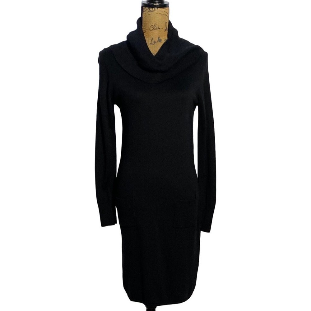 Chicos Sweater M Dress 0 Below Knee Cowl Neck Pockets Bodycon Basic Solid Black
